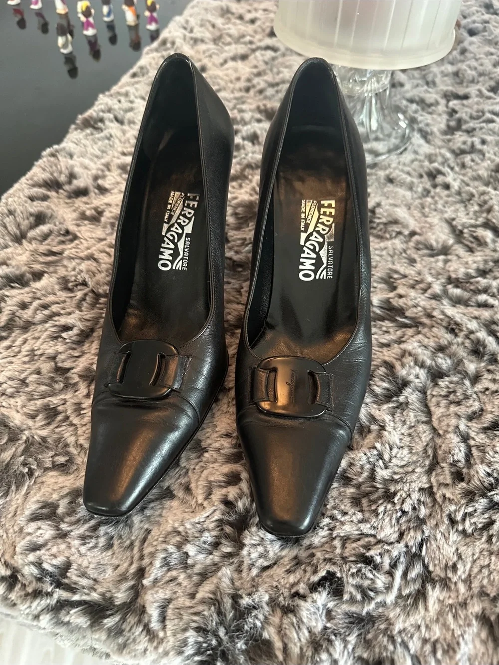 Salvatore Ferragamo Black Leather Pointed-Toe Pumps with Signature Buckle